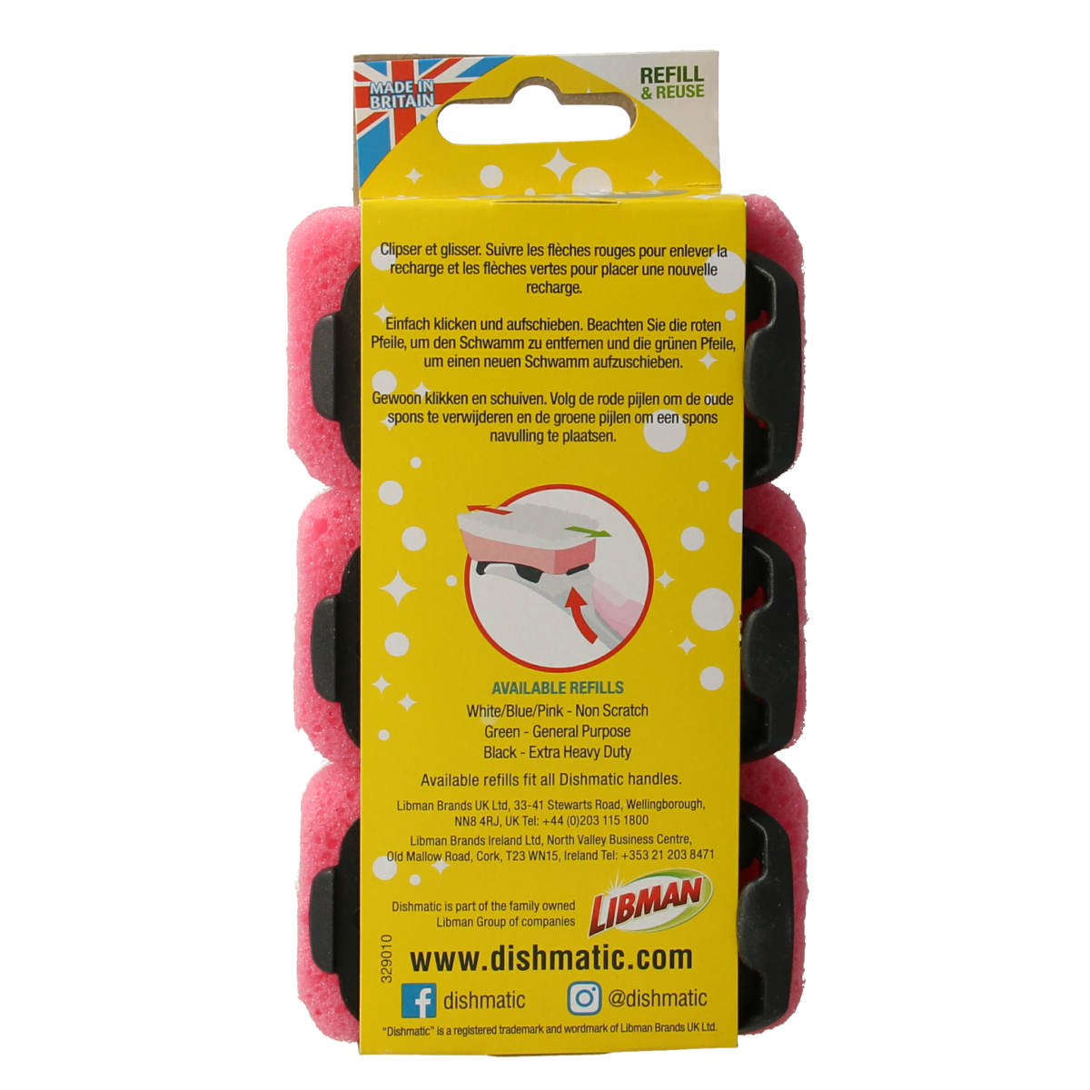 Dishmatic Navulspons krasvrij kitchen scrub brushes, 3-pack, durable and gentle for cleaning dishes and kitchen surfaces.