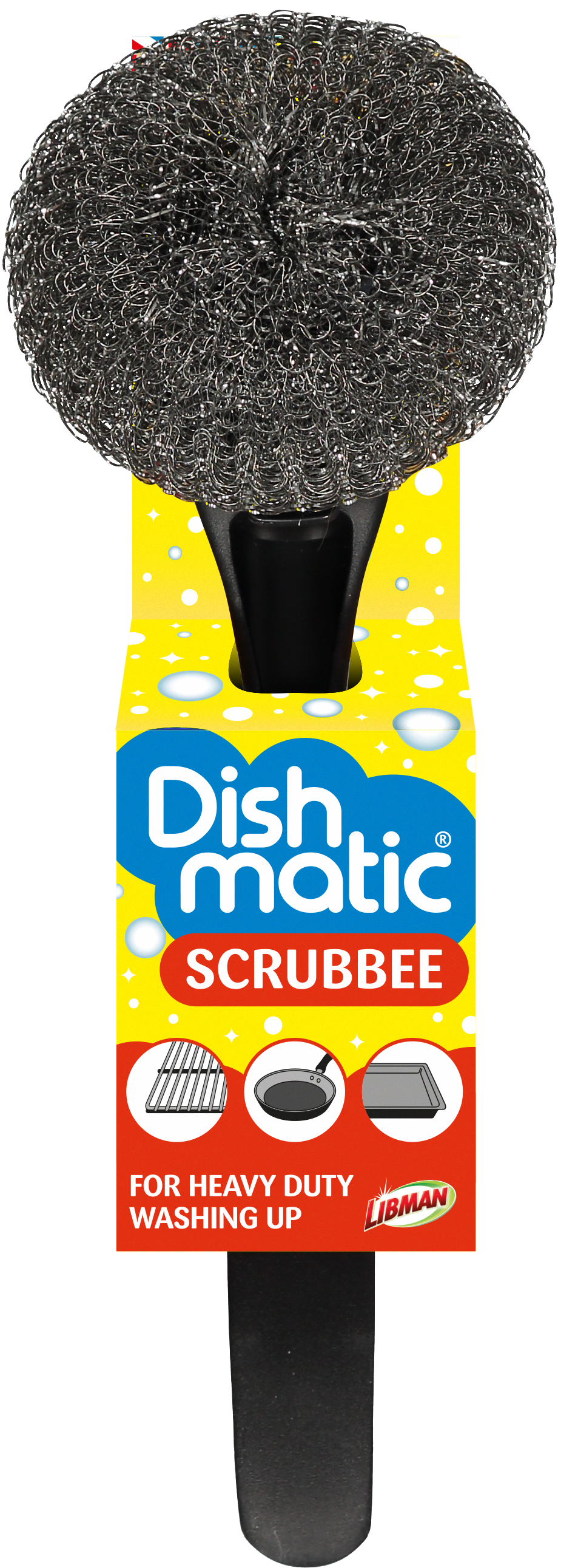 Dishmatic Scrubbee steel brush for cleaning, with a sturdy handle and metal bristles, part of Dishmatic cleaning tools.