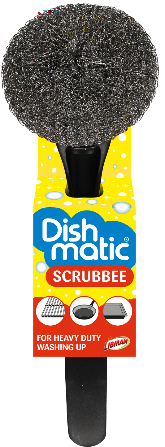 Dishmatic Scrubbee steel brush for cleaning, with a sturdy handle and metal bristles, part of Dishmatic cleaning tools.
