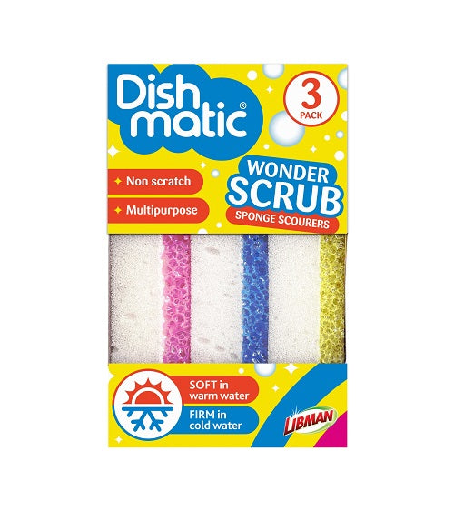 Dishmatic Wonder scrub sponges, scratch-free, 3-pack of cleaning scrubbers for effective kitchen cleaning, durable and gentle on surfaces.