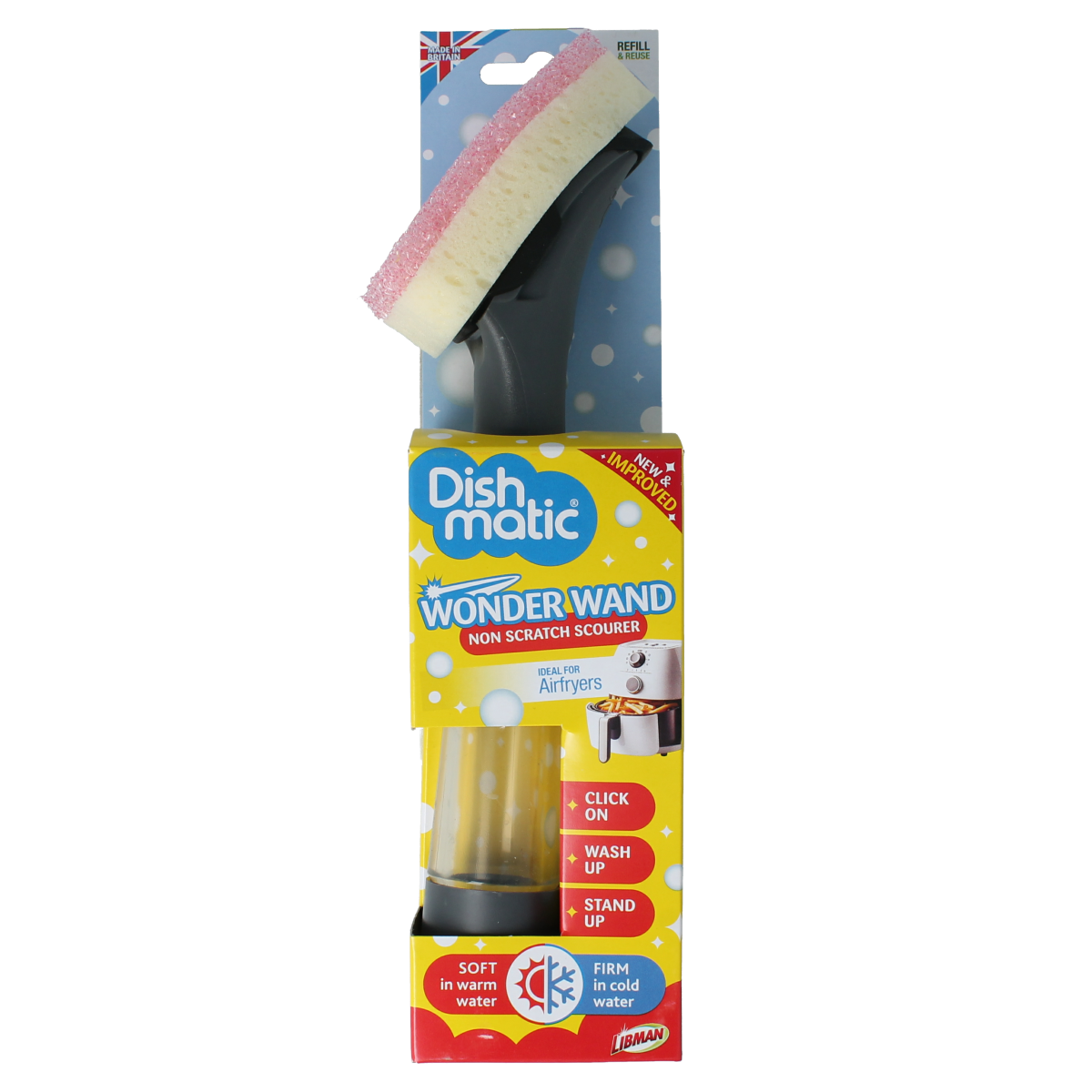 Dishmatic Wonder Wand refill cleaning sponge showing textured scrubbing surface and vibrant blue color for kitchen cleaning.