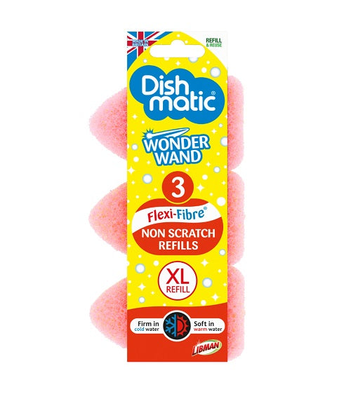 Dishmatic Wonder Wand Navulsponzen krasvrij 3-pack, soft cleaning sponges for dishes and surfaces, in a colorful design.