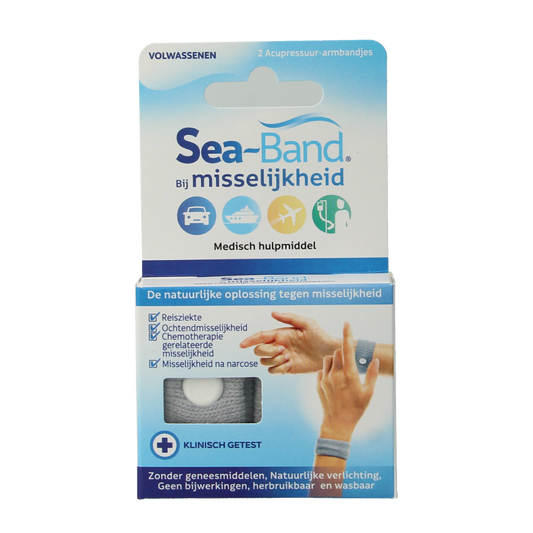 Gray Sea Band wristbands for adults, anti-nausea travel bands, shown in a pair for motion sickness relief.