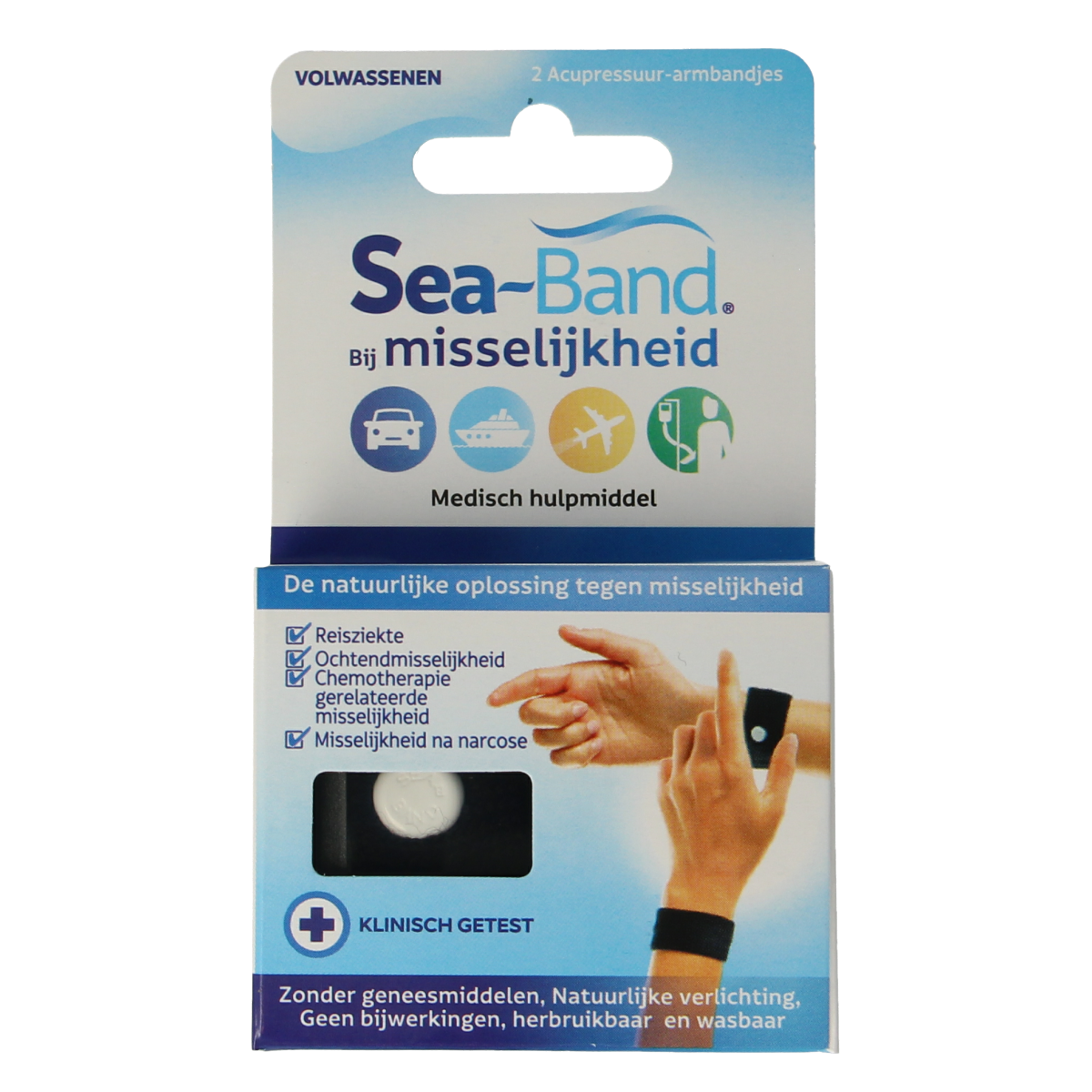 Black Sea Band wristbands for adults, designed to prevent travel sickness, shown in a close-up image.