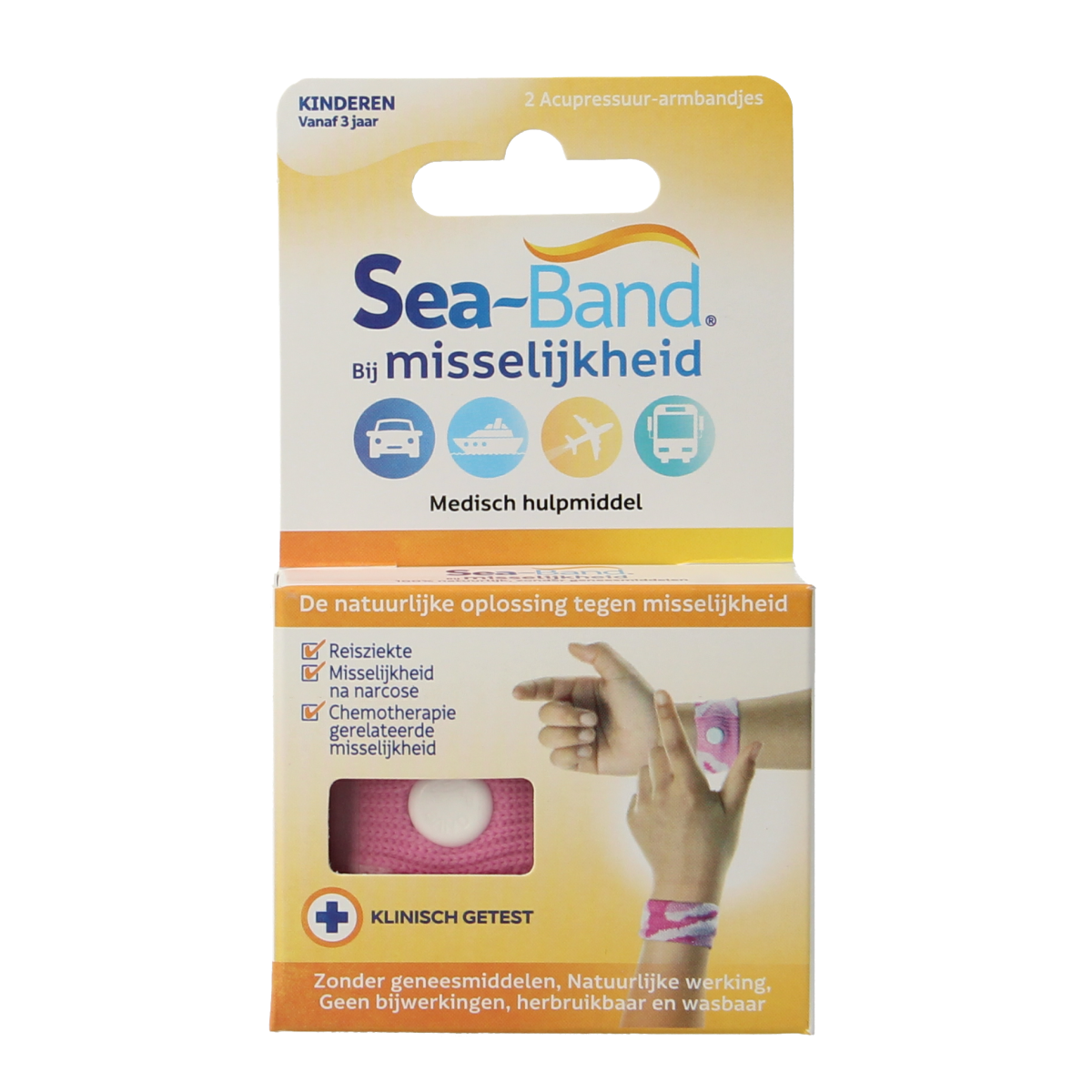 Pink Sea Band wristbands for children, designed to prevent motion sickness, shown on a child's wrist.