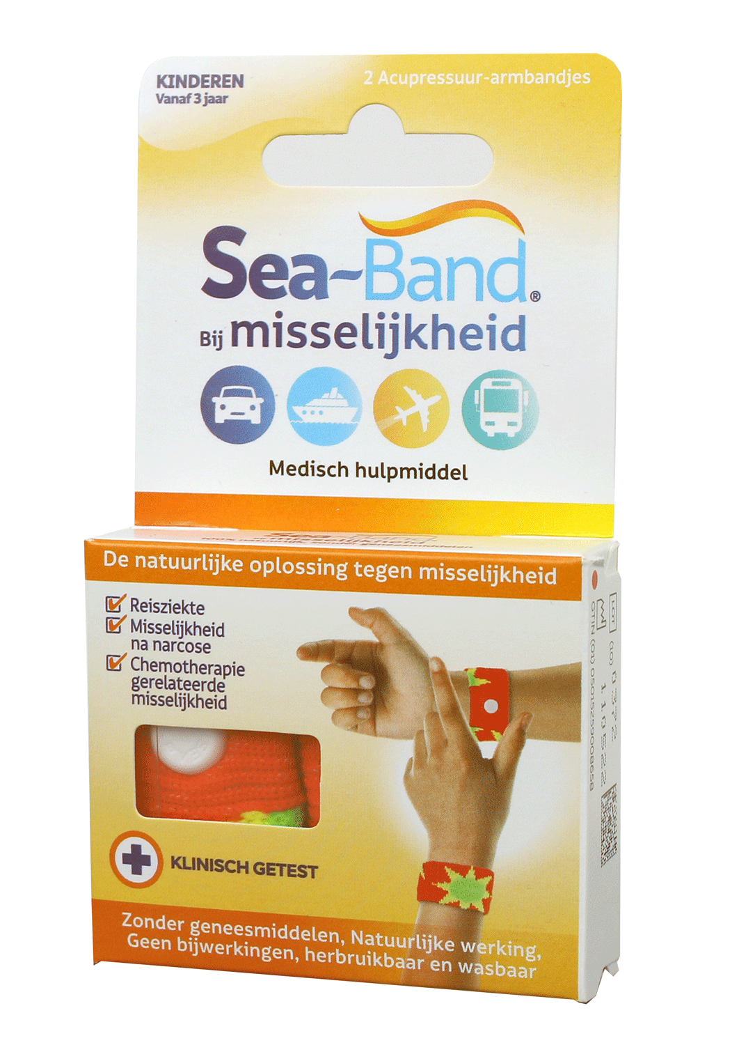 Orange Sea Band kids wristbands for travel sickness, pair of pressure point acupressure bands for children.