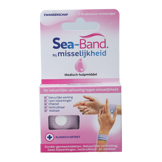Sea Band Mama purple wristbands for travel sickness, showing adjustable straps on a pair of sea band therapy wristbands.