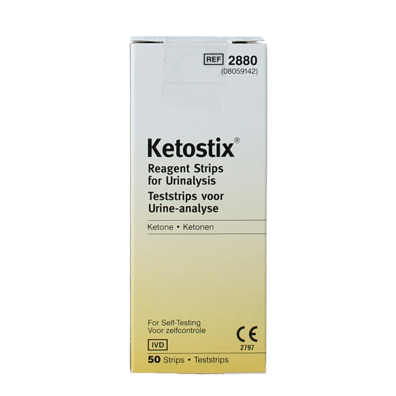 BCM Ketostix test strips for urinalysis, 50-pack, showing strips with color indicator pads for ketone testing.