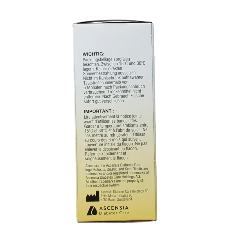 BCM Ketostix test strips for urine testing, 50-piece pack, with individual strips and color indicator on packaging.