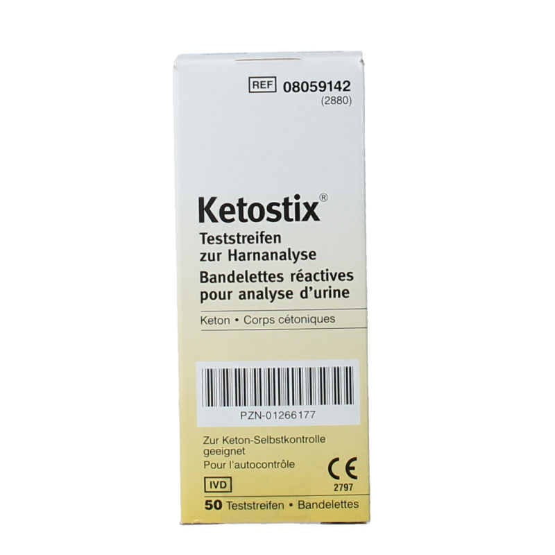 BCM Ketostix test strips for urine analysis, showing 50 strips in a sealed pack with color indicator chart.