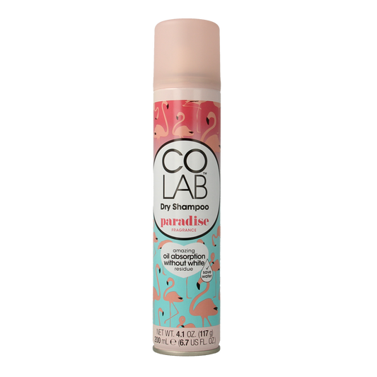 Colab Droogshampoo Paradise hair care bottle, 200ml, with vibrant packaging and product label visible.