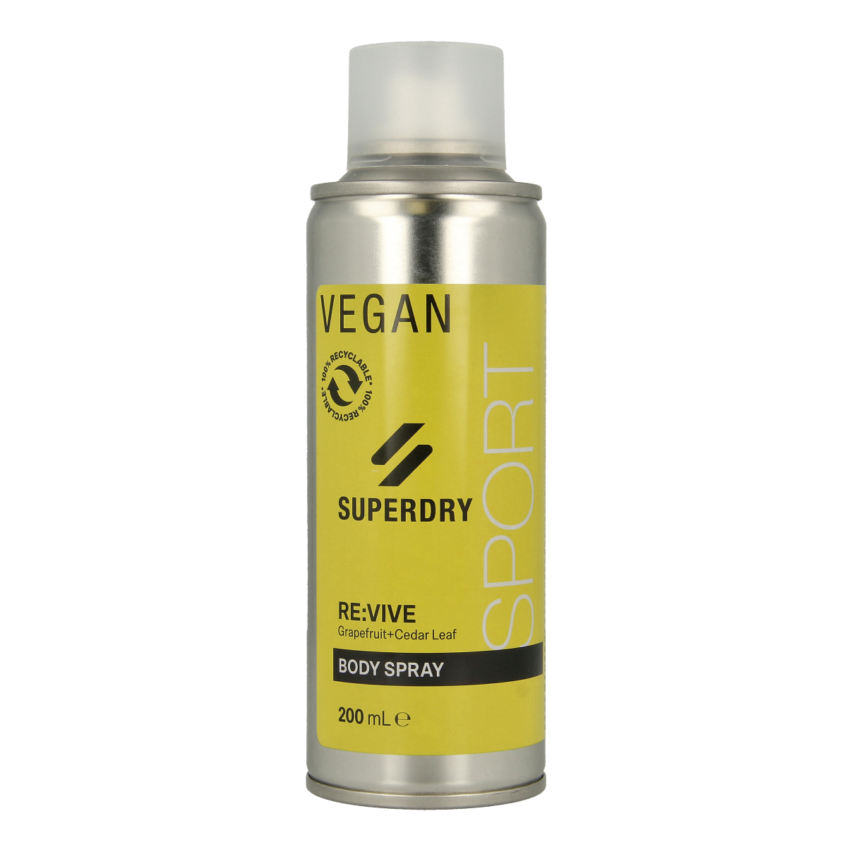 Superdry Sport RE:vive men's body spray bottle, 200ml, featuring sleek design and branding for men's body care.