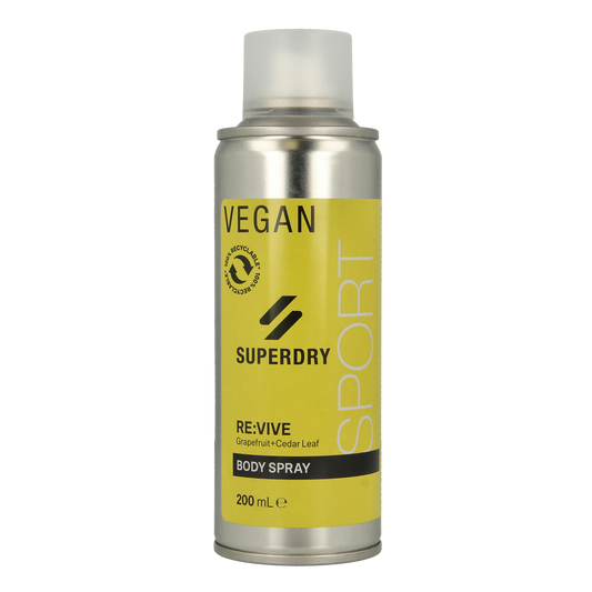 Superdry Sport RE:vive men's body spray bottle, 200ml, featuring sleek design and branding for men's body care.