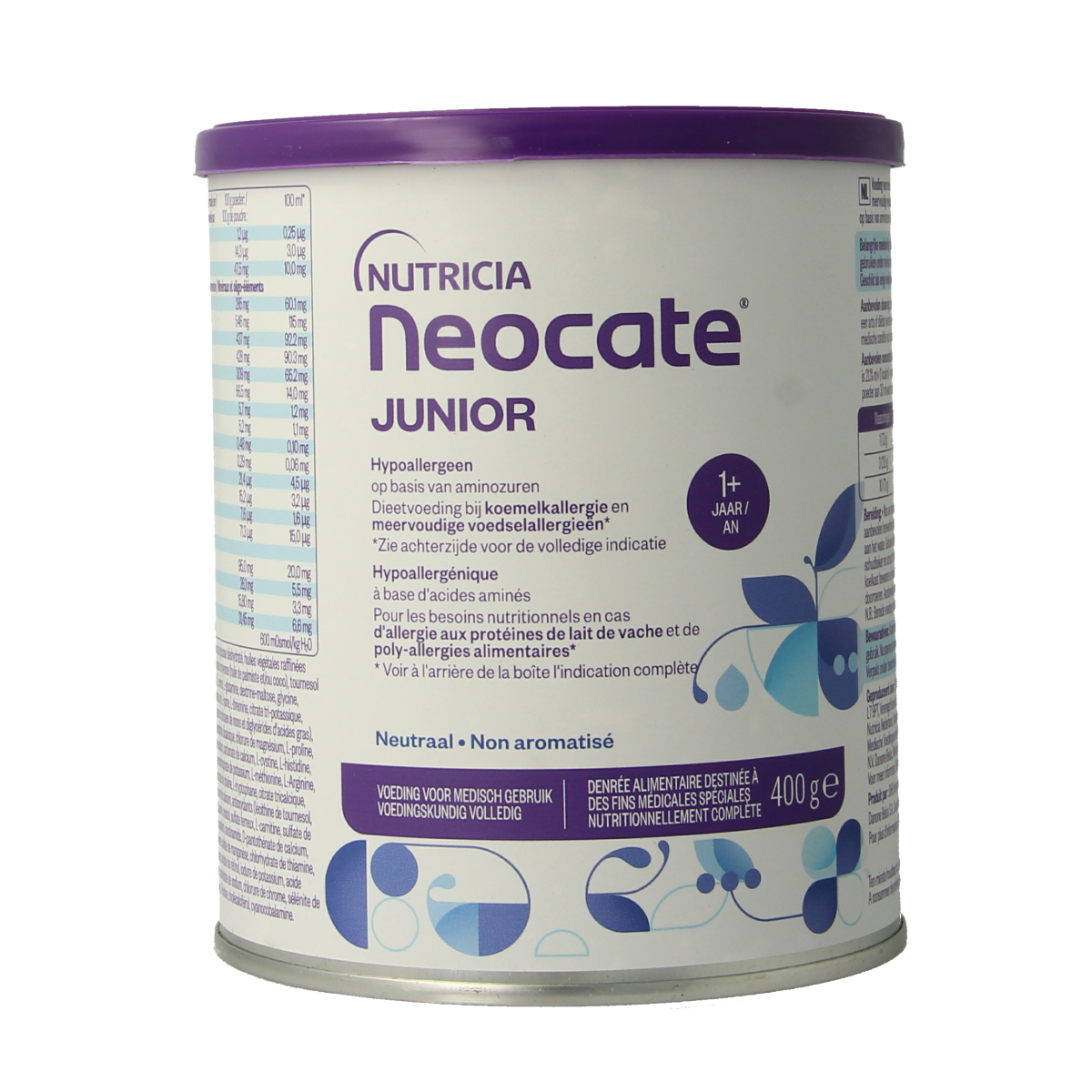 Neocate Junior neutraal baby and toddler nutrition powder in a 400g container with label and scoop.