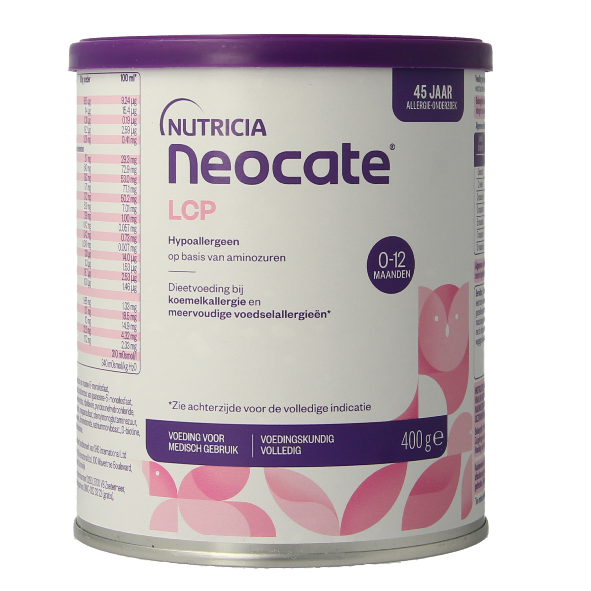 Neocate medische dieetvoeding LCP in 400g verpakking, wit poeder in zak met voedingsinformatie zichtbaar