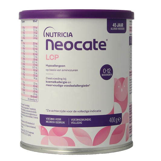 Neocate medische dieetvoeding LCP in 400g verpakking, wit poeder in zak met voedingsinformatie zichtbaar
