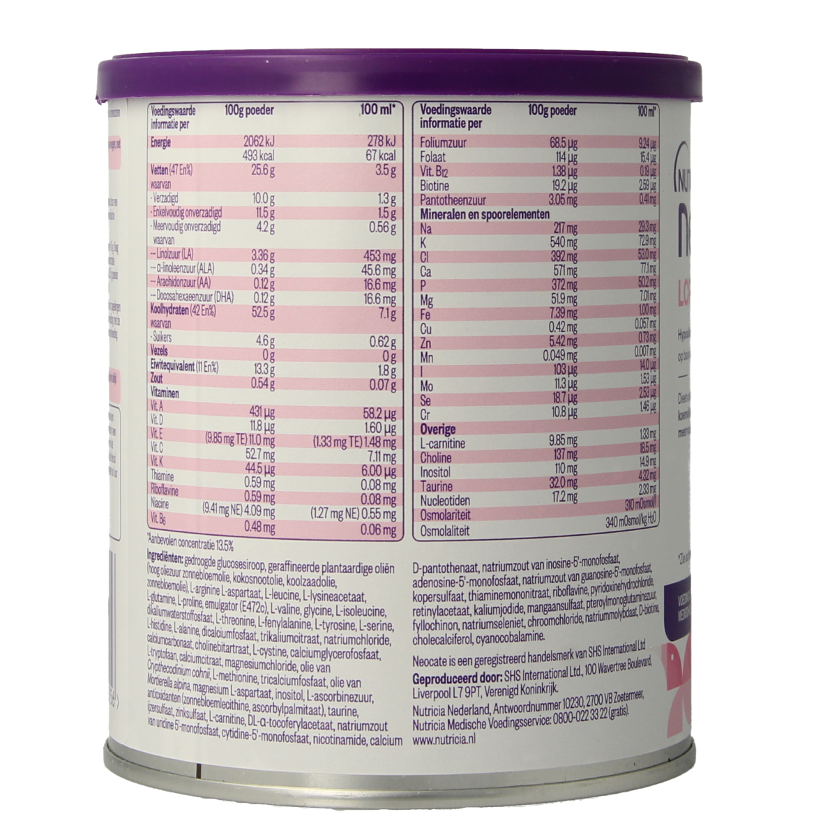 Neocate medische dieetvoeding LCP 400 gram verpakking, geschikt voor speciale voedingsbehoeften, met product barcode 5016533655056.