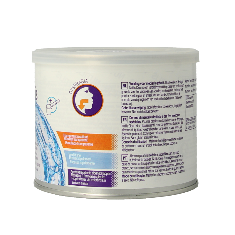 Nutricia Nutilis Clear 175g medical dietary supplement in a clear container with label showing product name and branding.