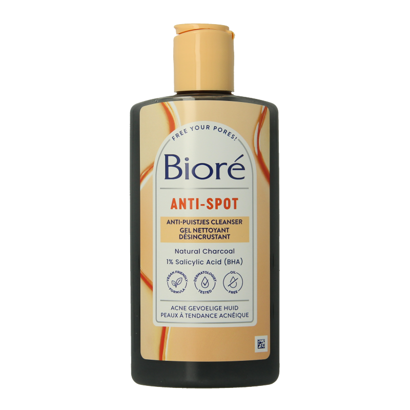 Biore Anti-Spot Cleanser with charcoal in a 200ml bottle, facial skincare product for clear, healthy skin.