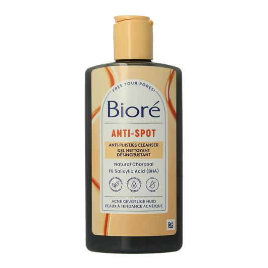 Biore Anti-Spot Cleanser with charcoal in a 200ml bottle, facial skincare product for clear, healthy skin.