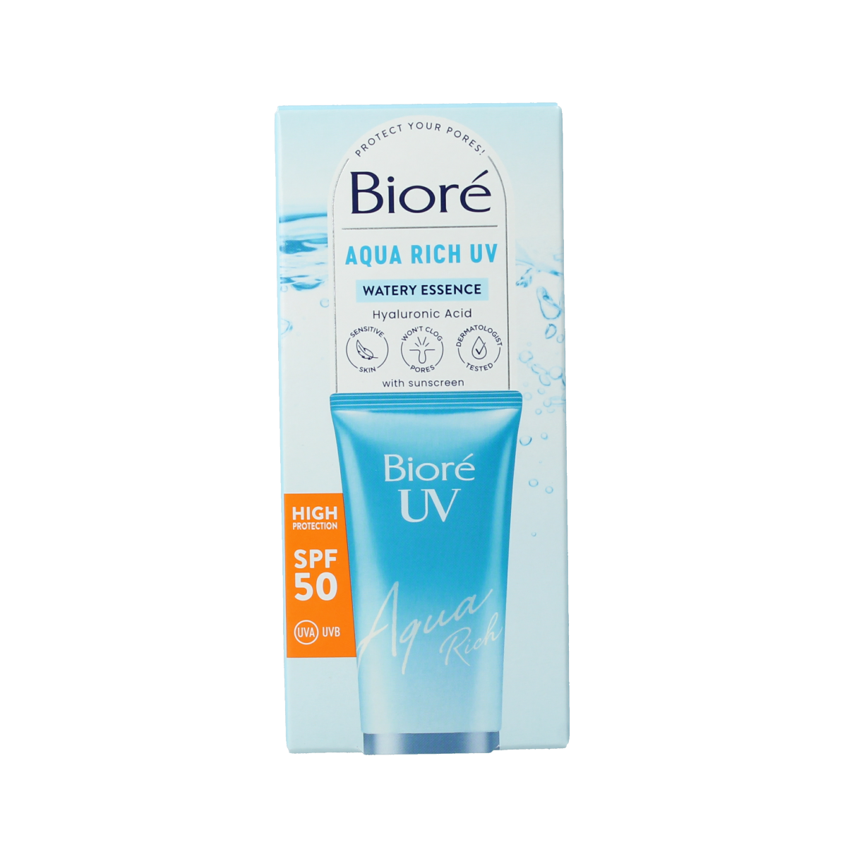 Biore Moisturiser UV Aqua Rich SPF50 facial cream in 50ml tube, hydrating and protecting skin from sun damage