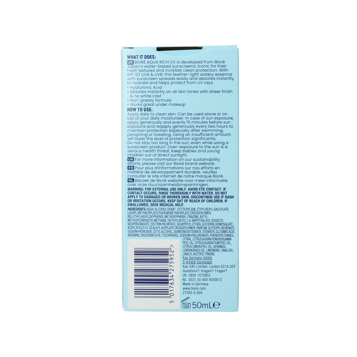 Biore Moisturiser UV Aqua Rich SPF50 facial cream in 50ml bottle, hydrating skincare with sun protection.