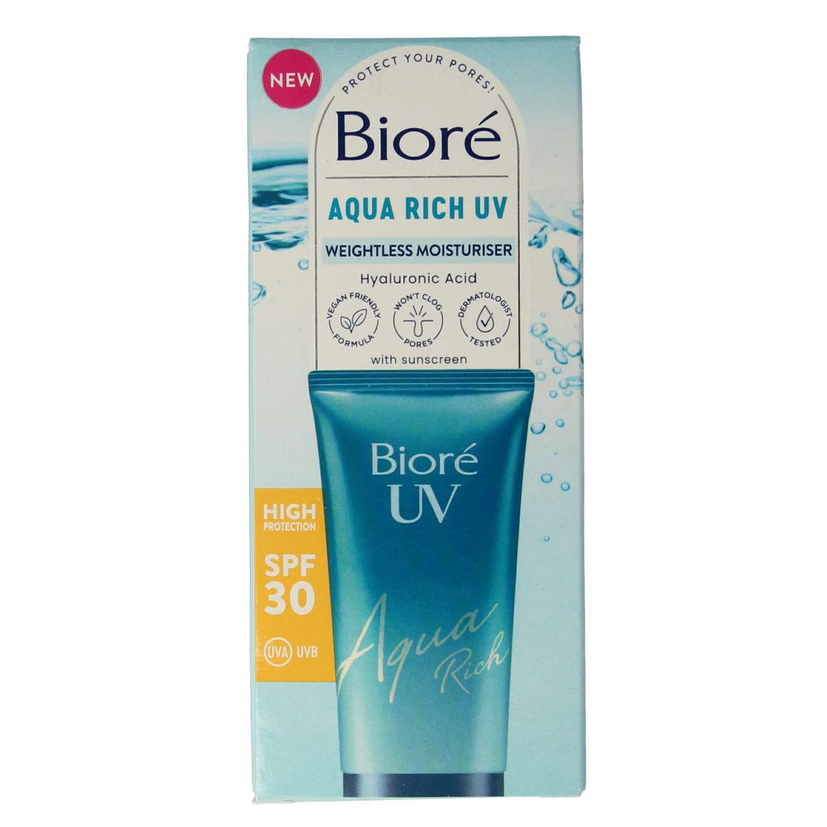Biore Aqua Moisturiser with SPF 30 and UV protection, 50ml, lightweight and hydrating sunscreen for face.