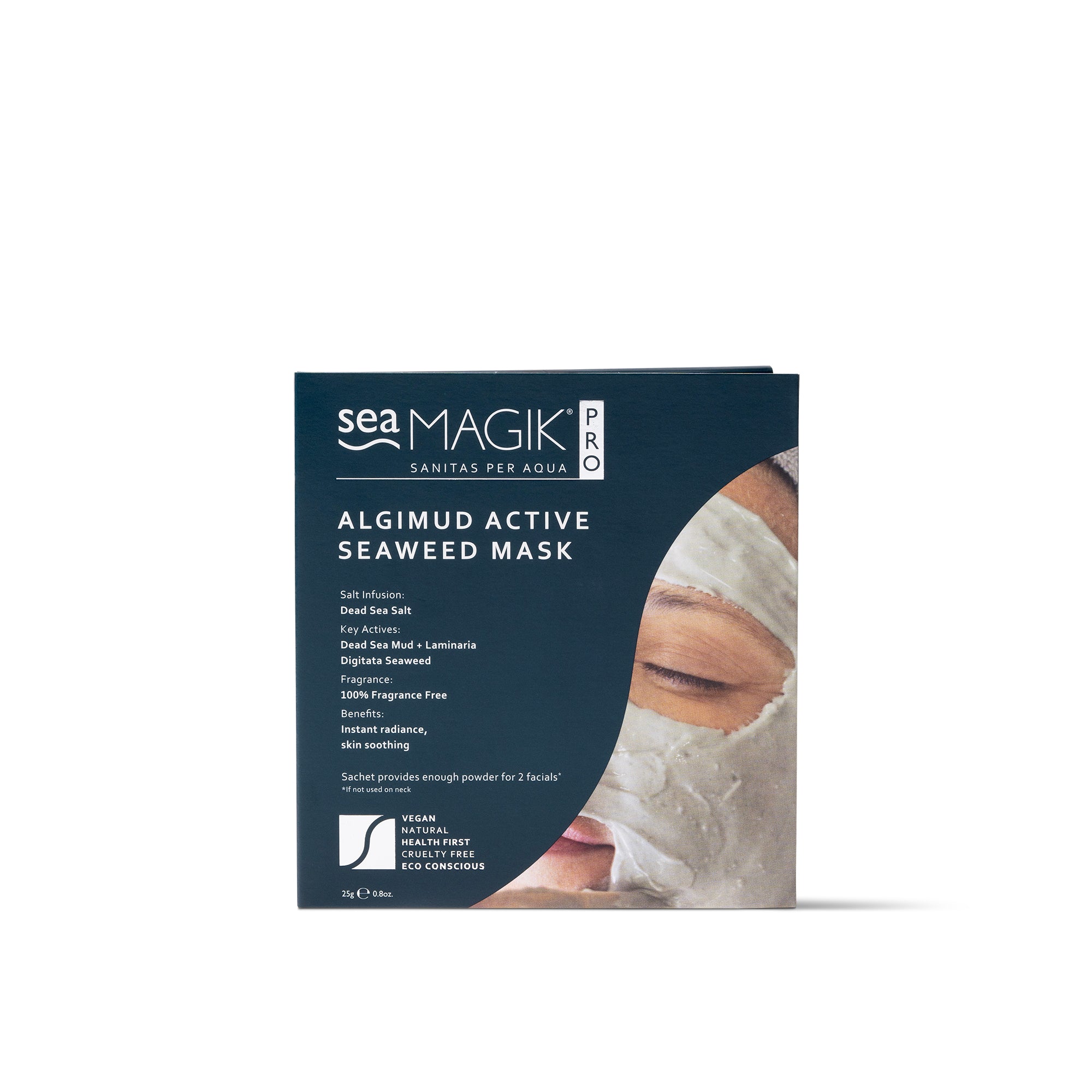 Sea Magik Algimud seaweed face mask in a 25g container, showing the natural seaweed mask for facial skincare.