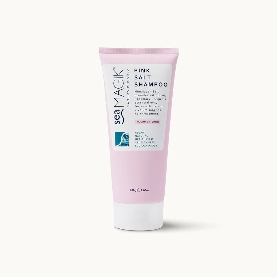 Sea Magik Pink Salt Shampoo for hair care, 200g bottle with pink salt visible, natural and nourishing hair treatment.