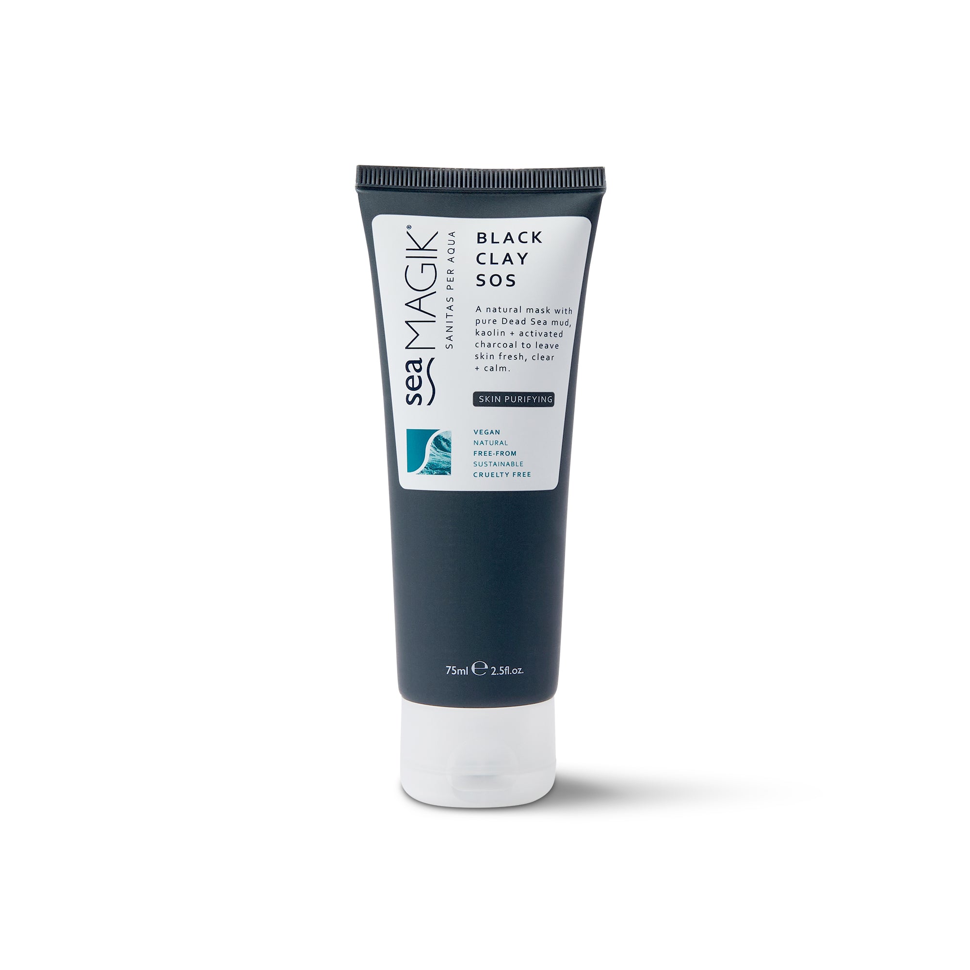 Sea Magik Black Clay SOS body treatment in 75ml jar, featuring black clay for skin detox and rejuvenation.