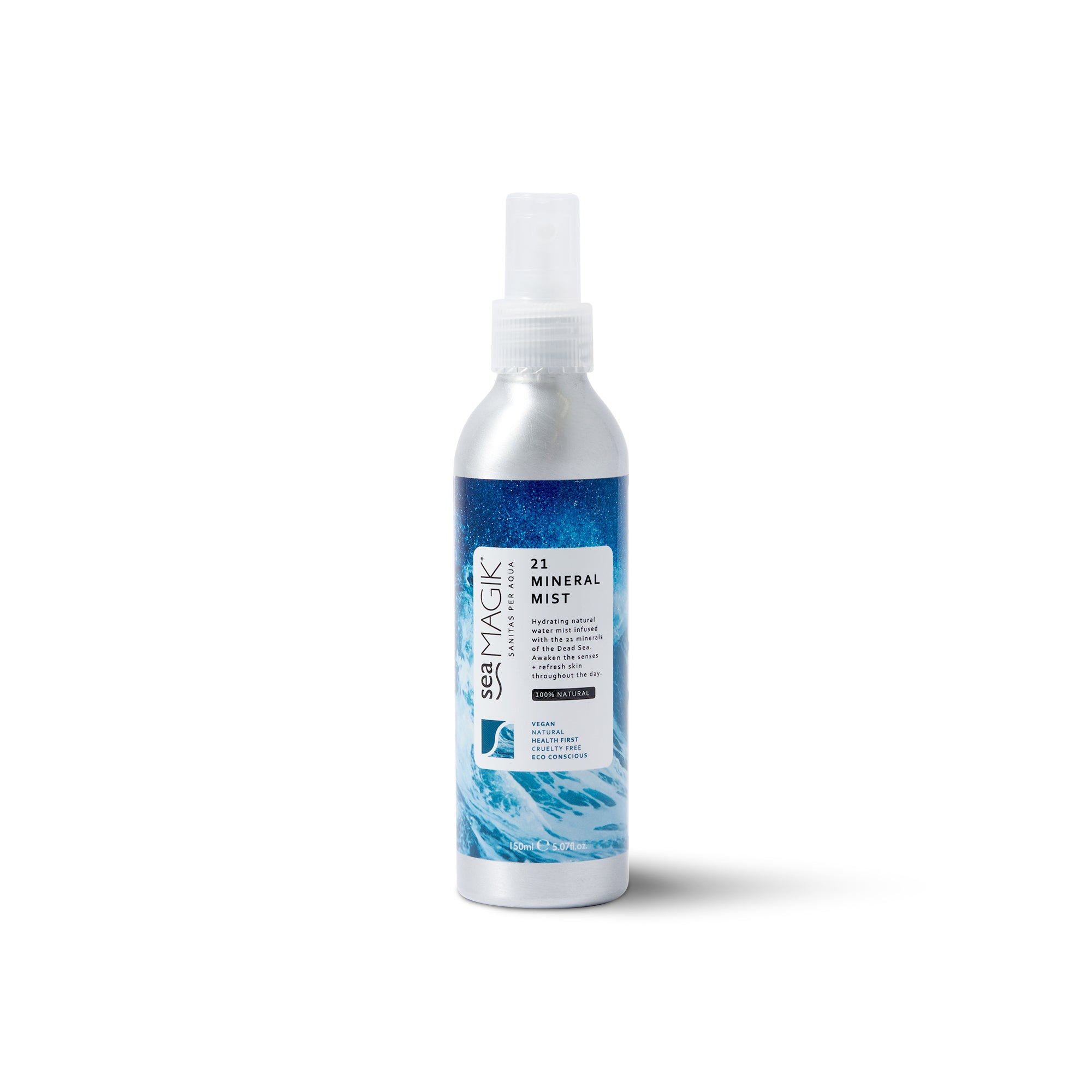 Sea Magik 21 Mineral Mist bottle for facial skincare, 150ml, with clear label and spray nozzle, designed for facial hydration.