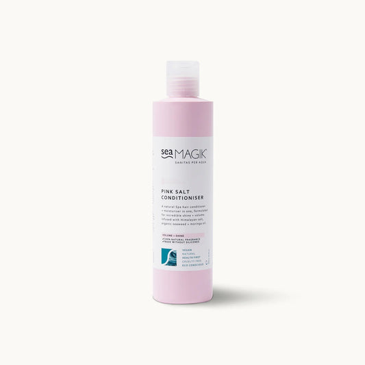 Sea Magik Pink Salt Conditioner for hair, 300ml, in a white bottle with pink salt crystals, part of Sea Magik hair care collection.