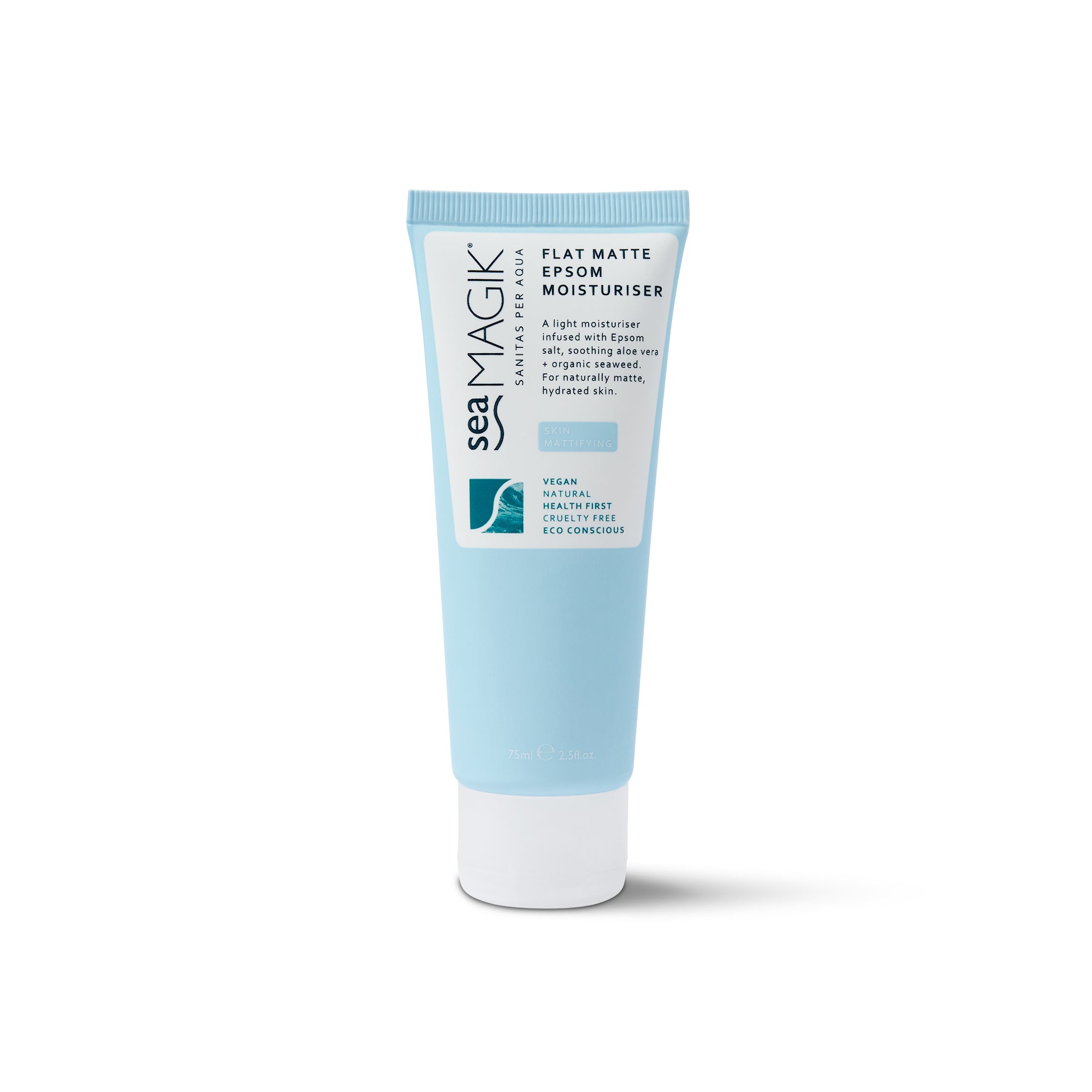 Sea Magik Flat matte Epsom moisturiser for face, 75ml, with a sleek bottle and minimalist design, ideal for skincare.