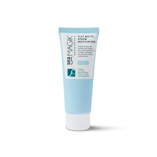 Sea Magik Flat matte Epsom moisturiser for face, 75ml, with a sleek bottle and minimalist design, ideal for skincare.