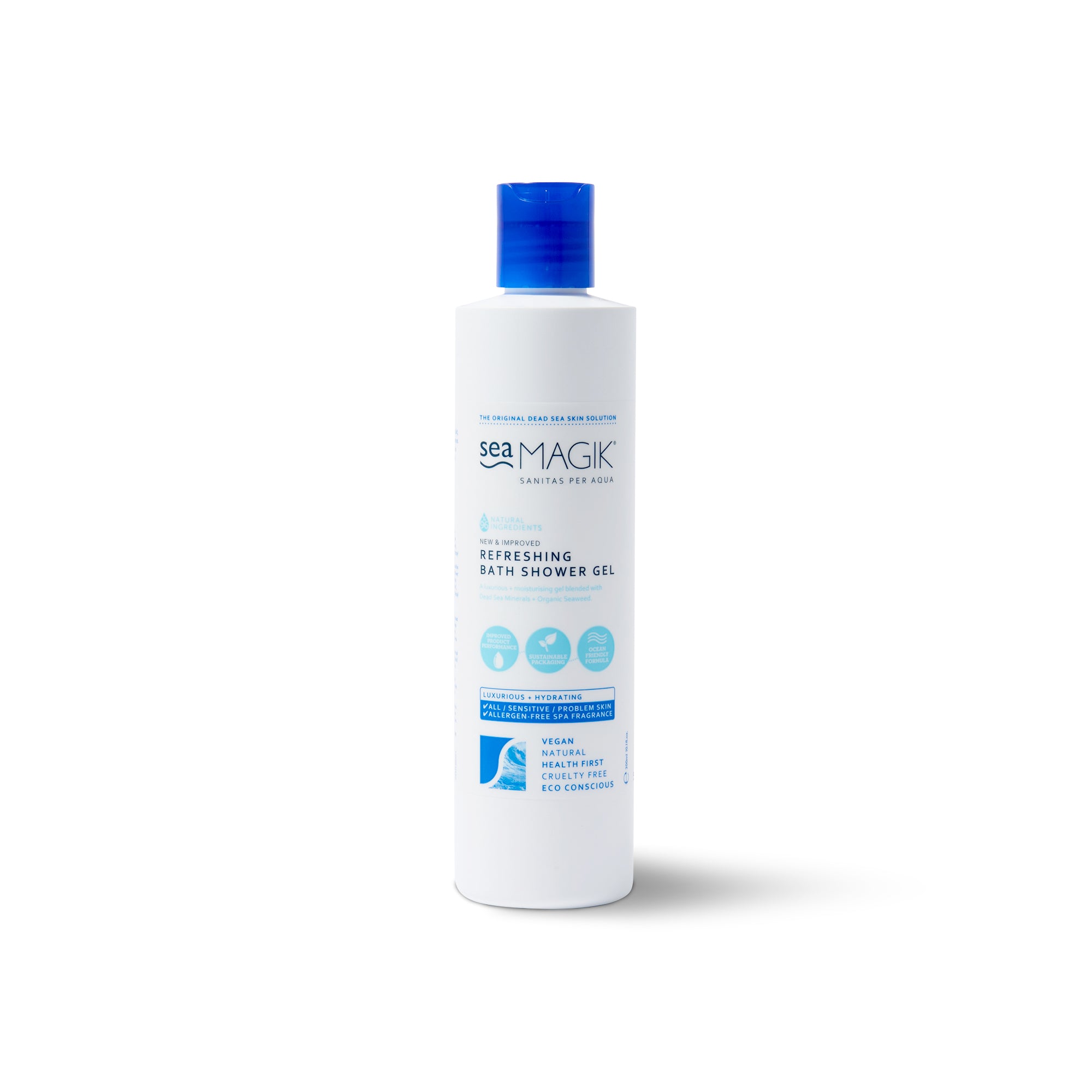 Sea Magik Refreshing bath and shower gel in 300ml bottle with a clean, natural design and sea-inspired elements on the label.