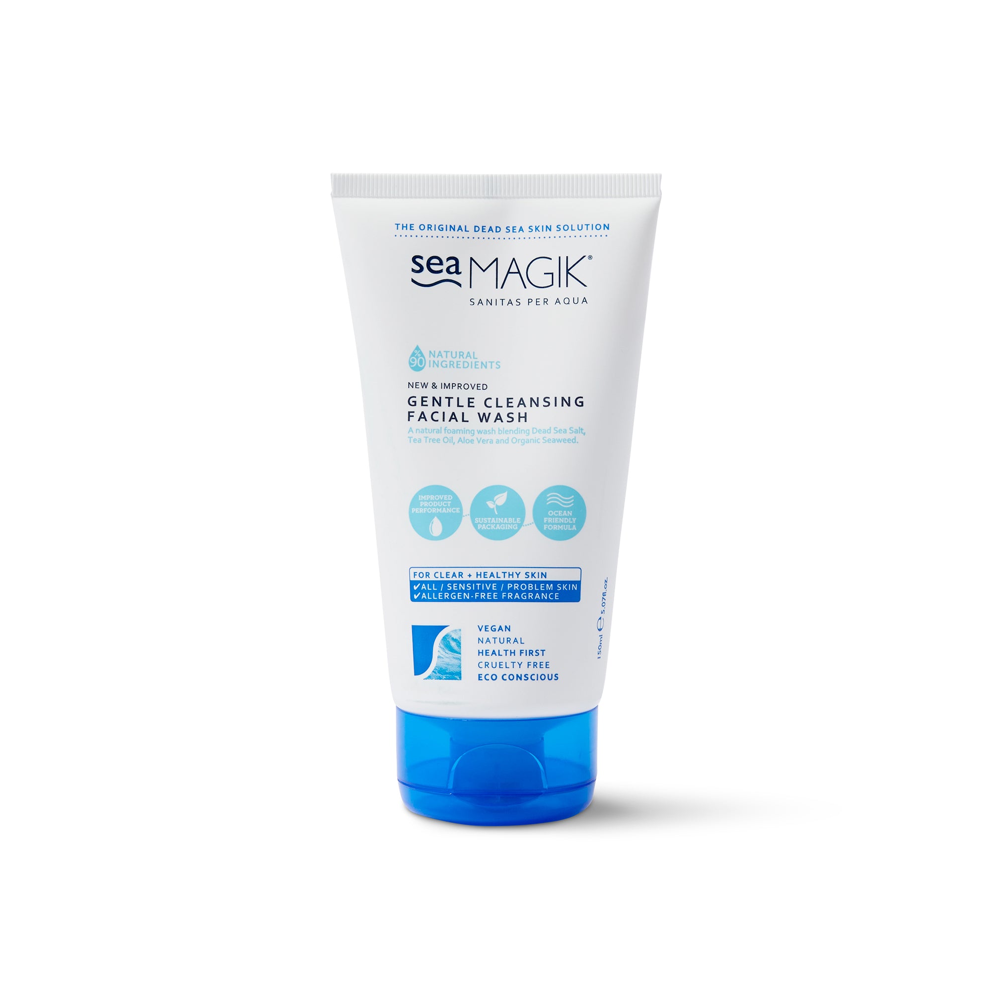 Sea Magik Gentle Cleansing Face Wash in 150ml bottle, natural facial skincare product with a clear, pump-style dispenser.