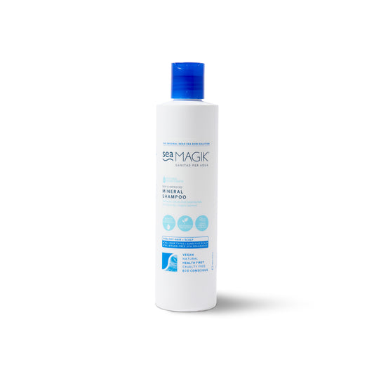 Sea Magik mineral bio shampoo bottle with label, 300ml, natural hair care product for healthy scalp and hair.