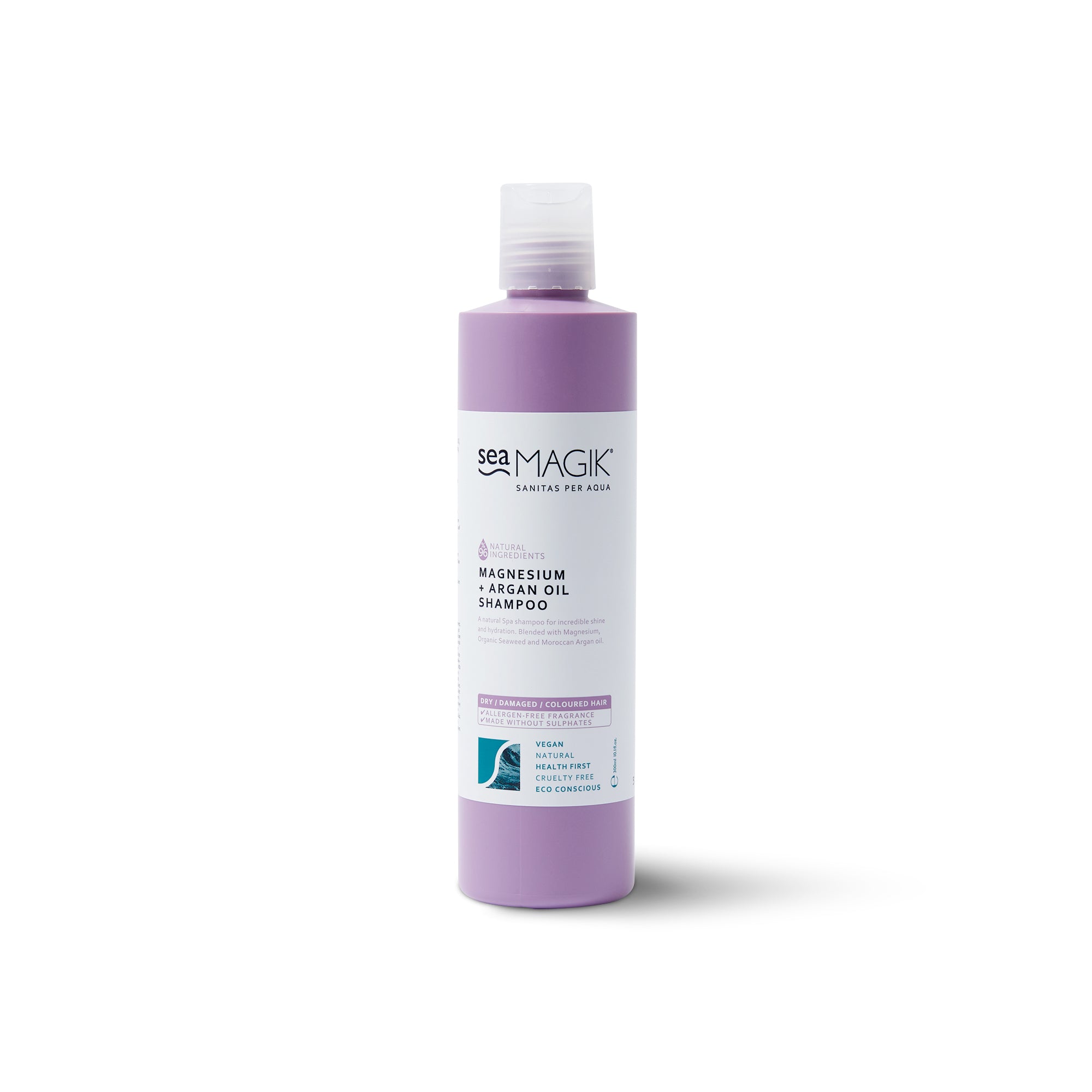 Sea Magik magnesium and argan bio shampoo bottle for hair care, 300ml, with natural ingredients and nourishing formula.