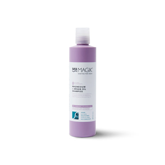 Sea Magik magnesium and argan bio shampoo bottle for hair care, 300ml, with natural ingredients and nourishing formula.