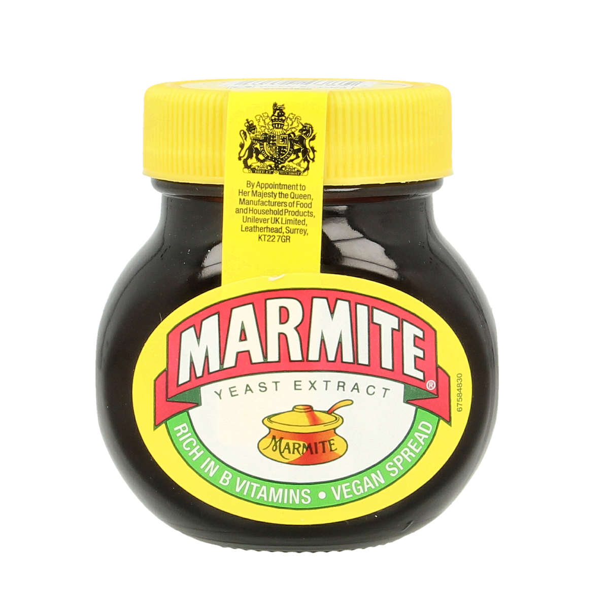 Marmite yeast extract spread on bread slice, 125g jar, popular broodbeleg from Marmite with savory flavor.
