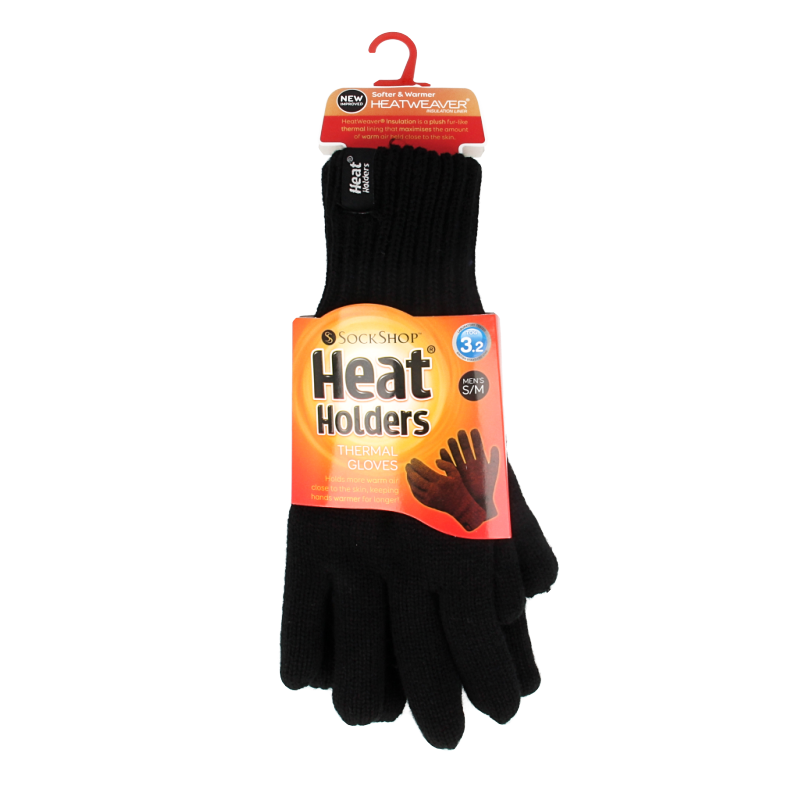 Black Heat Holders flat knit gloves in size S/M, showing the close-up of the soft, textured fabric and hand coverage.