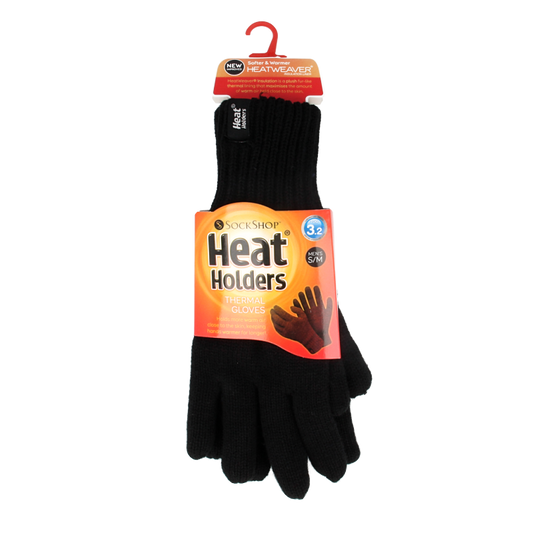 Black Heat Holders flat knit gloves in size S/M, showing the close-up of the soft, textured fabric and hand coverage.