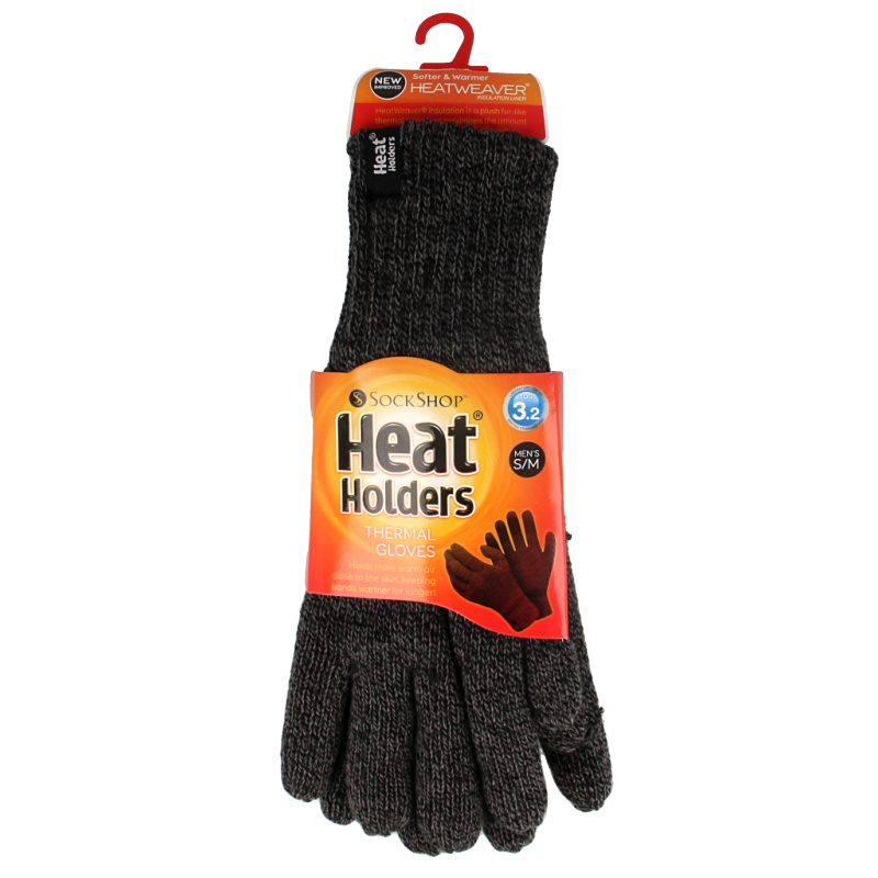 Charcoal Heat Holders flat knit gloves in S/M size, designed for warmth and comfort, shown in a close-up image.