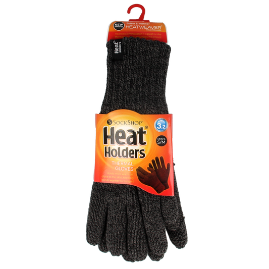 Charcoal Heat Holders flat knit gloves in S/M size, designed for warmth and comfort, shown in a close-up image.