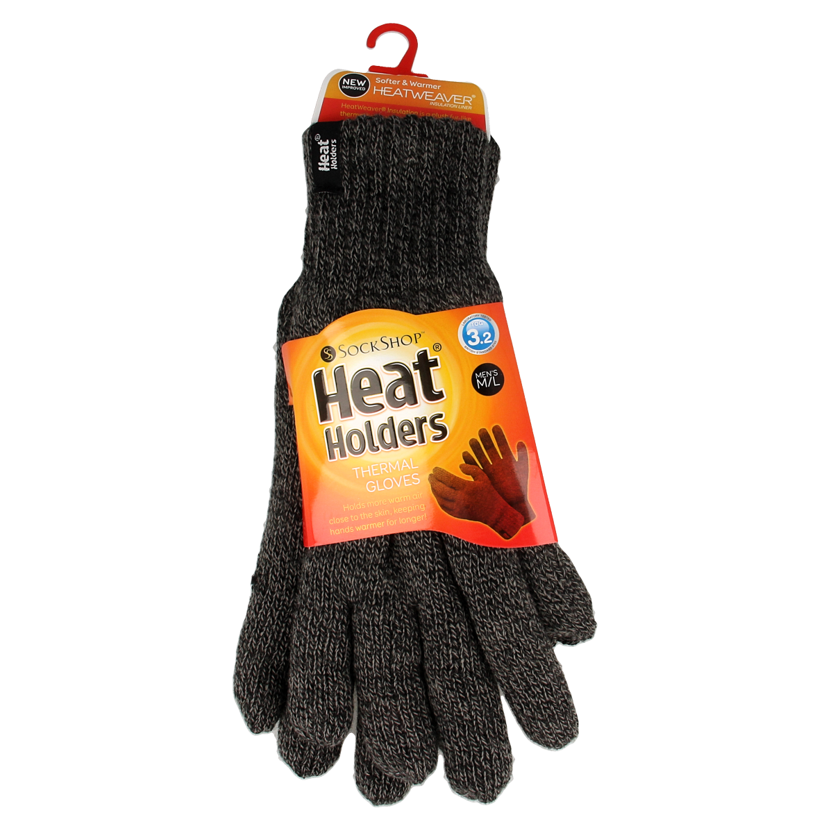 Heat Holders men's charcoal gloves, size M/L, showing soft fabric and grip details, designed for warmth and comfort.