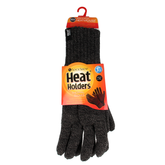 Charcoal Heat Holders flat knit gloves in size L/XL, showing soft, cozy fabric and snug fit for warmth and comfort.