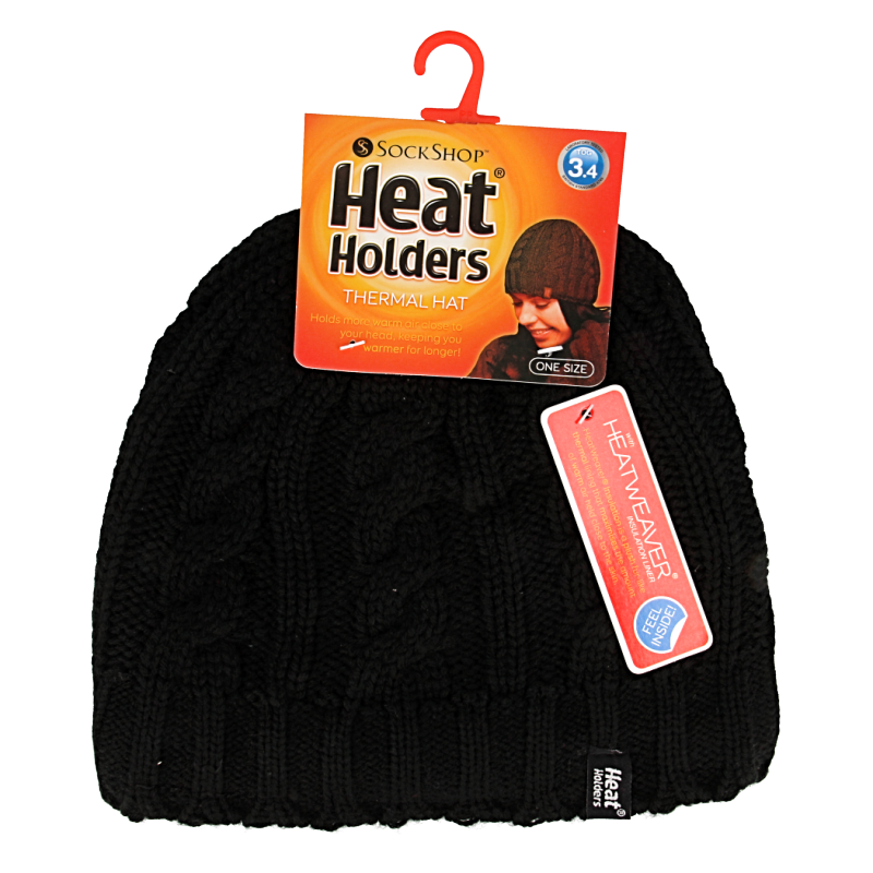 Black Heat Holders ladies cable hat, cozy knit winter hat, one size fits most, stylish and warm headwear for women.