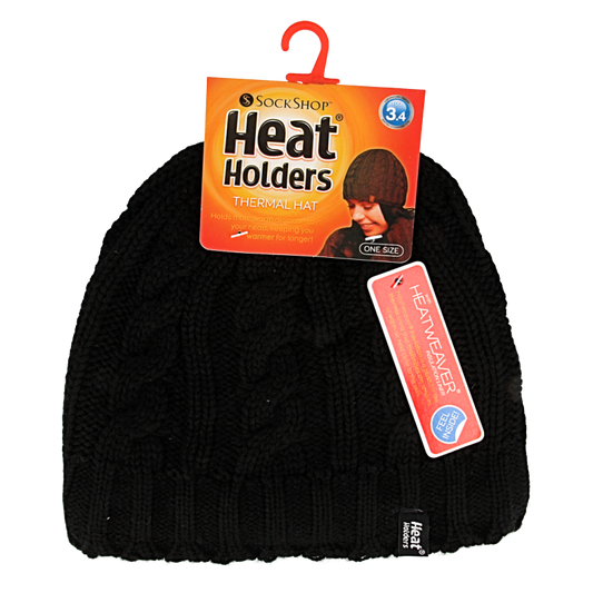Black Heat Holders ladies cable hat, cozy knit winter hat, one size fits most, stylish and warm headwear for women.