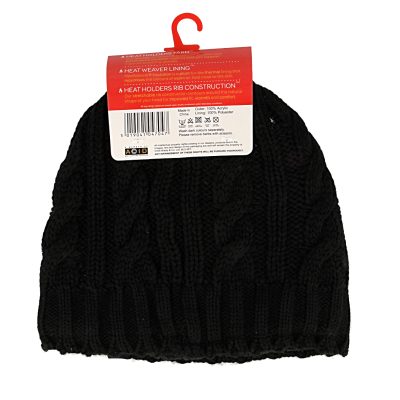 Black Heat Holders ladies cable hat, cozy knit beanie, one size fits most, warm winter headwear for women.
