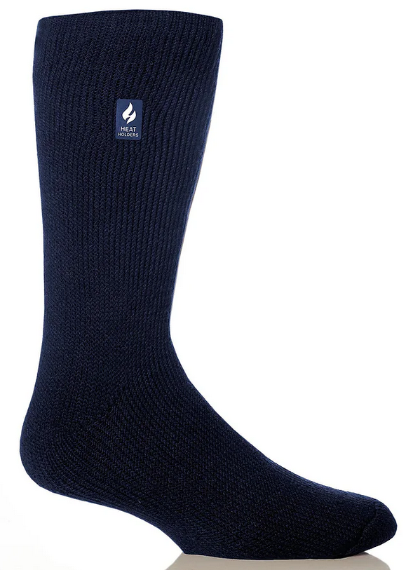 Heat Holders men's navy original socks, size 6-11, soft and warm, shown in a close-up image of the cozy sock fabric.